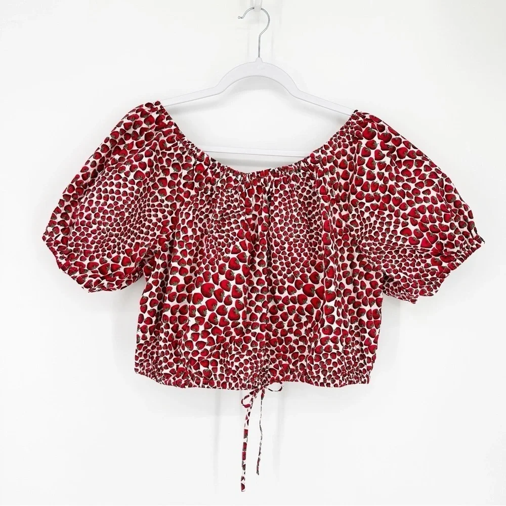 J. Crew Cinched-waist Cropped Top in Strawberry Swirl Cotton Poplin